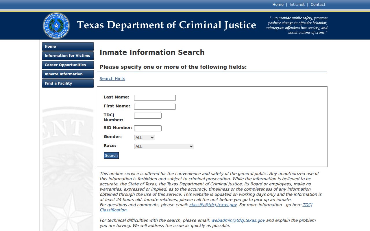 TDCJ inmate search for an El Paso County arrest record transfer