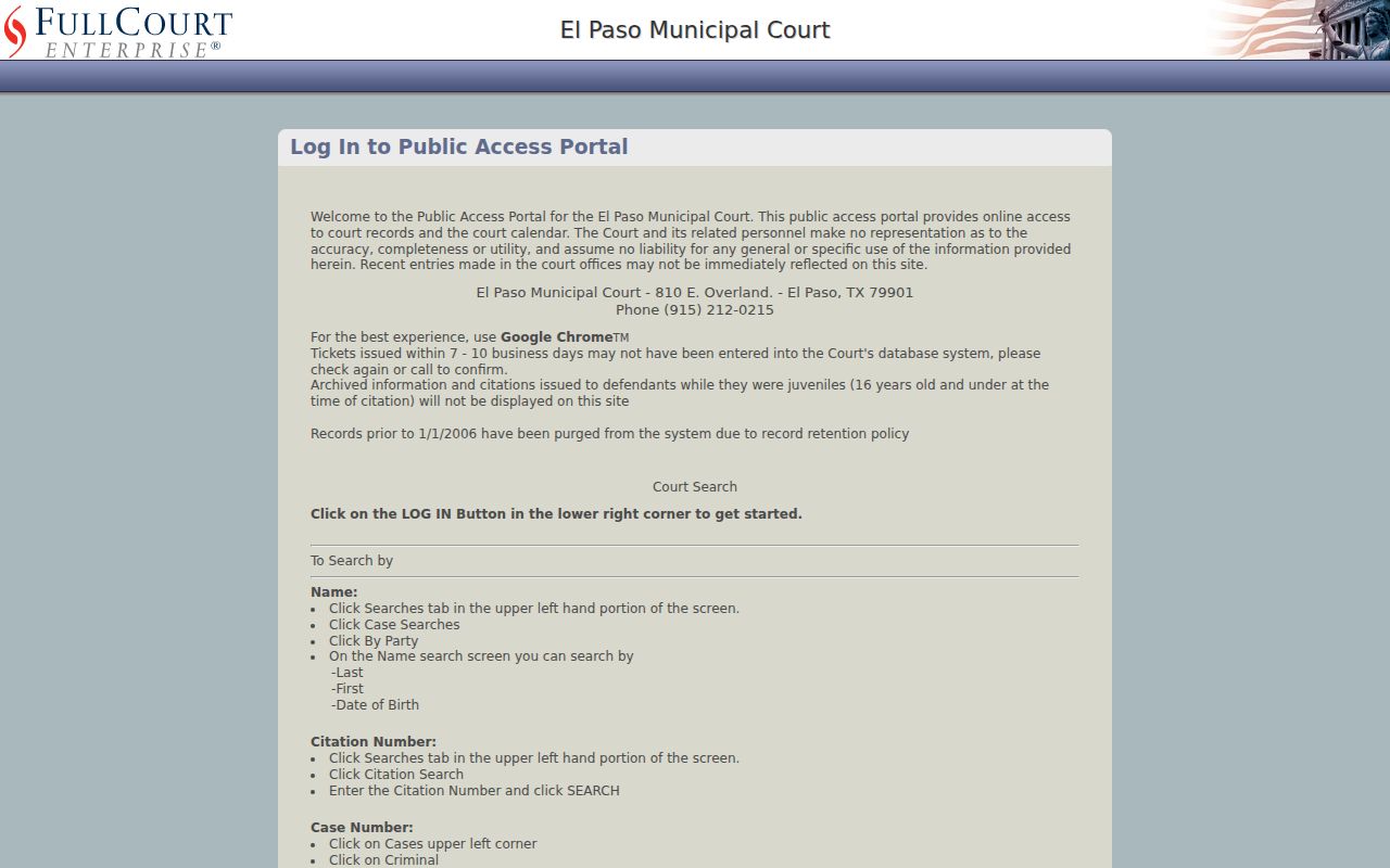 El Paso criminal history Municipal Court FullCourt search portal