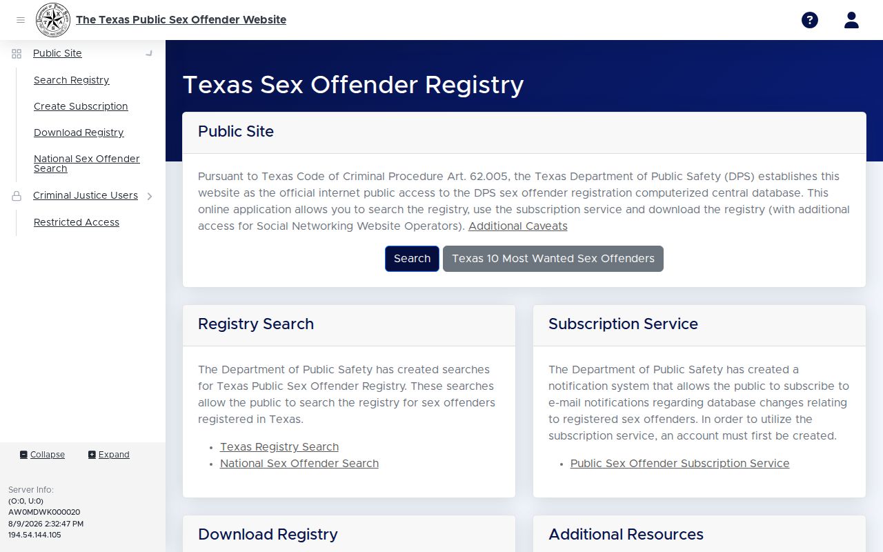 El Paso County sex offender registry search fields on the Texas DPS portal